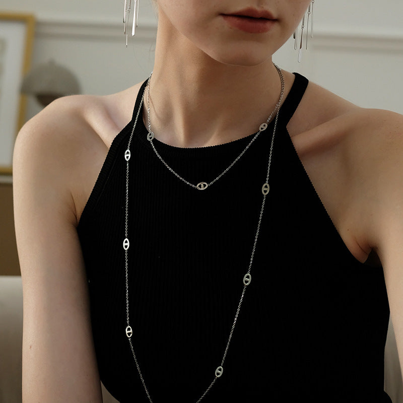 Double-Layer Titanium Steel Long Necklace – Light Luxury Women’s Pig Nose Chain