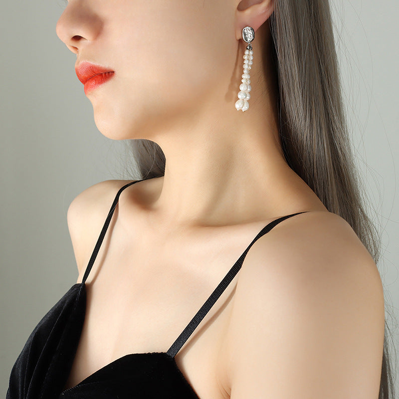 Baroque Pearl Tassel Earrings for Women – Titanium Steel, Light Luxury