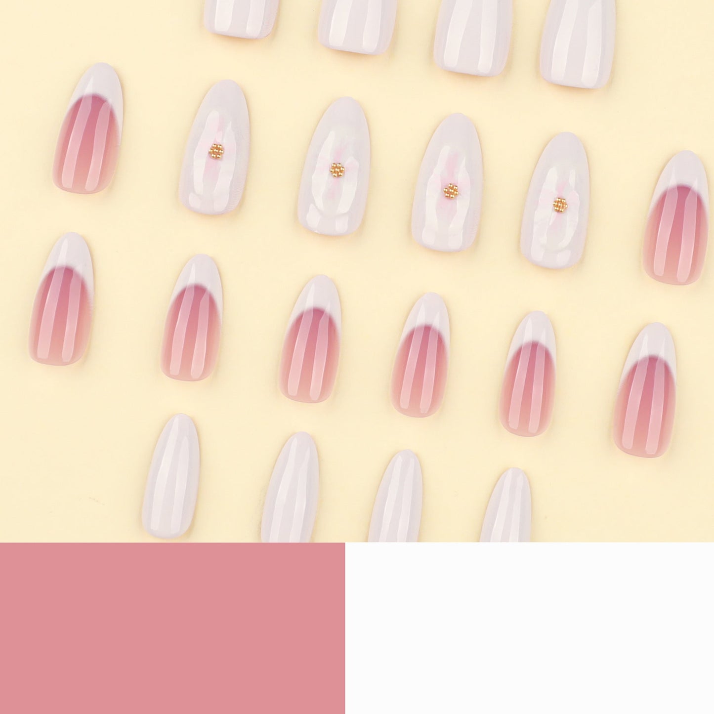 Elegant French Tip Press-On Nails – 3D Floral Almond Shape, Long Glossy Nude Pink