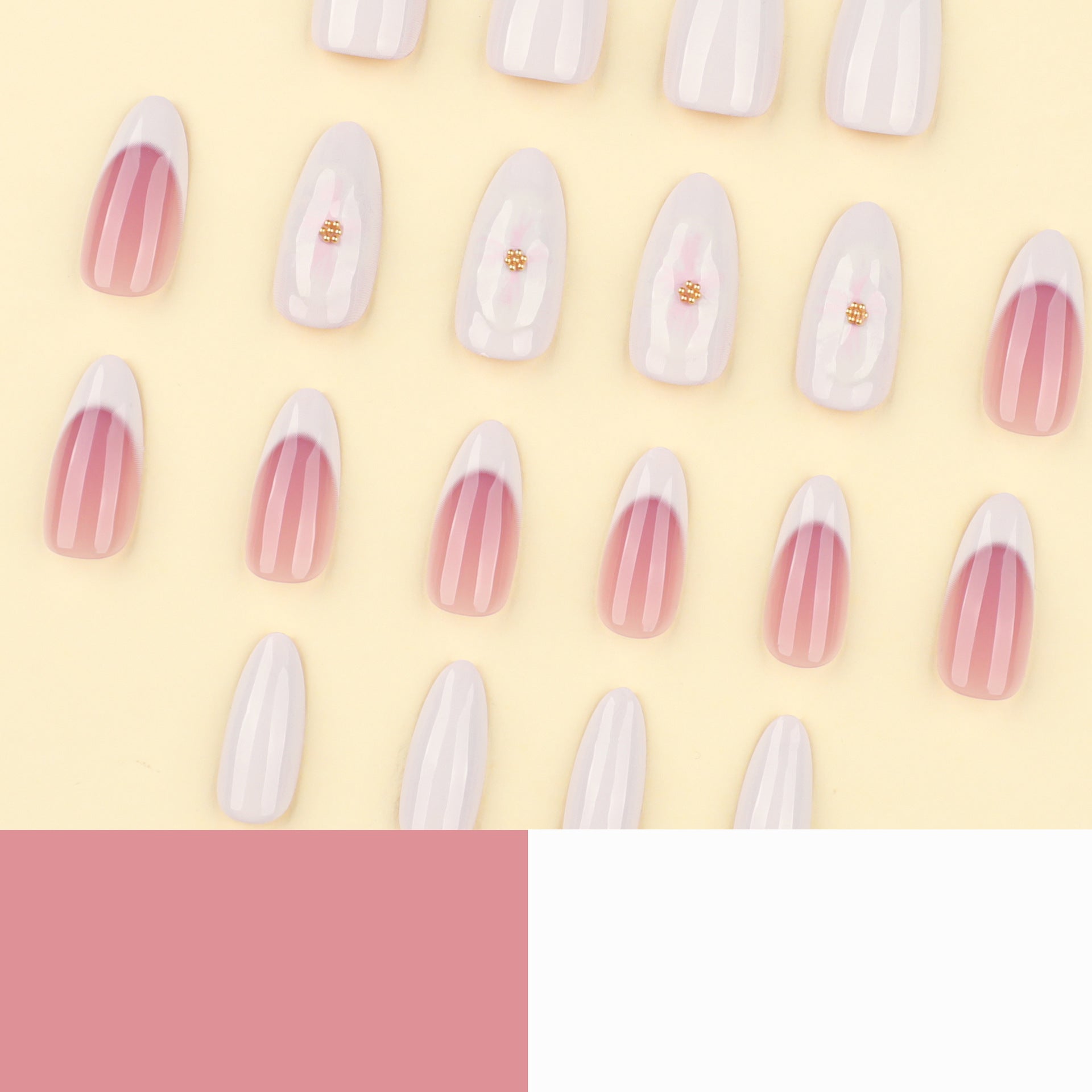 Elegant French Tip Press-On Nails – 3D Floral Almond Shape, Long Glossy Nude Pink