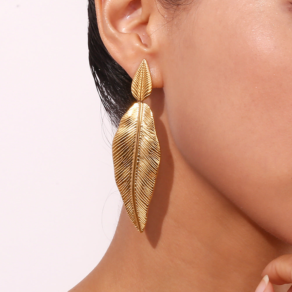 Gold Leaf Drop Earrings – Stainless Steel Textured Pendant Jewelry for Women