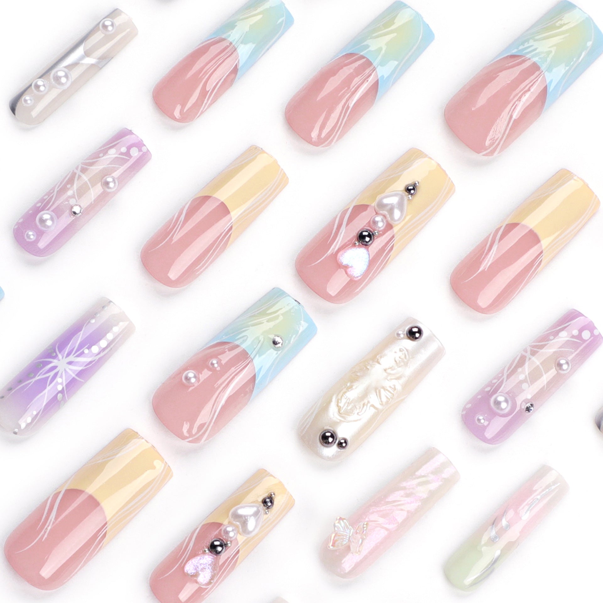 3D Multicolor Coffin Press-On Nails – Long Glossy Gradient with Floral & Pearl Accents