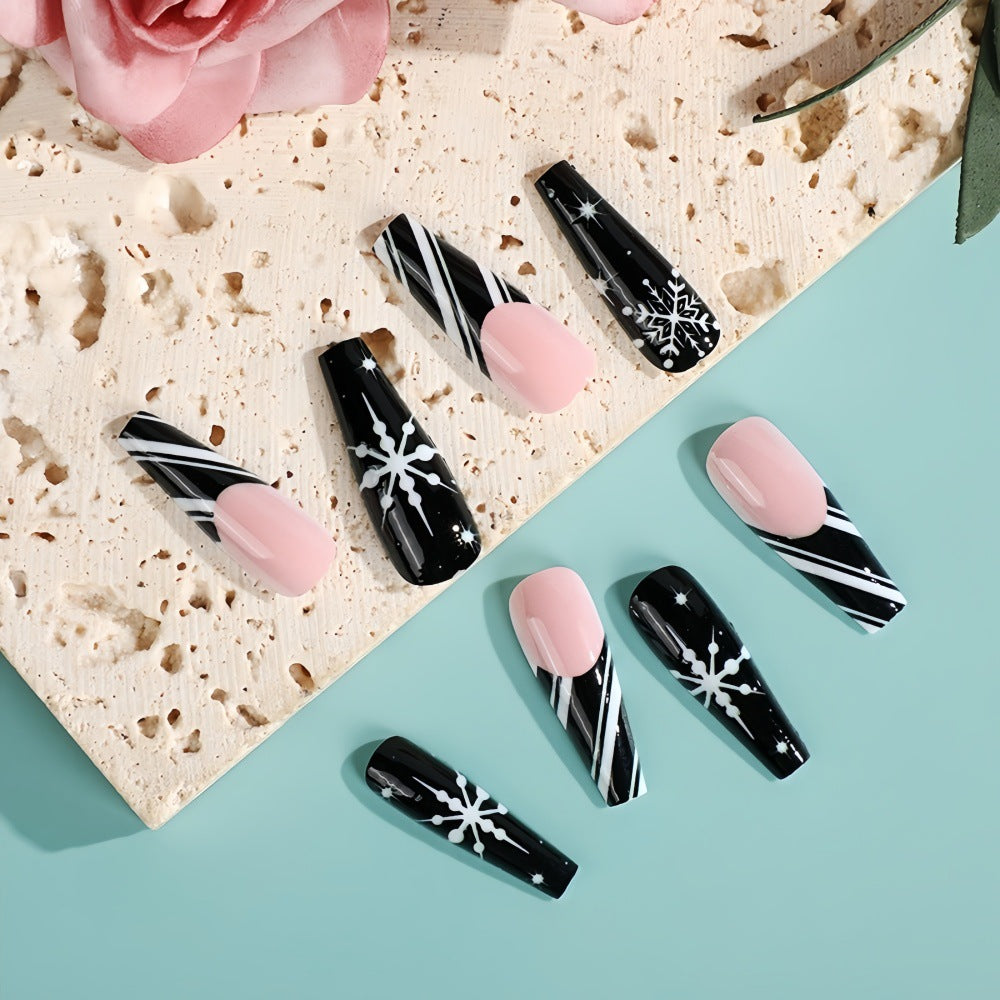Elegant Black & Nude Coffin Press-On Nails with Snowflake & Striped Design