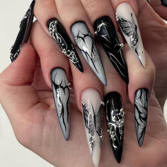 Gothic Glam Stiletto Press-On Nails – Black & Gray Butterfly Design with Metallic Beads