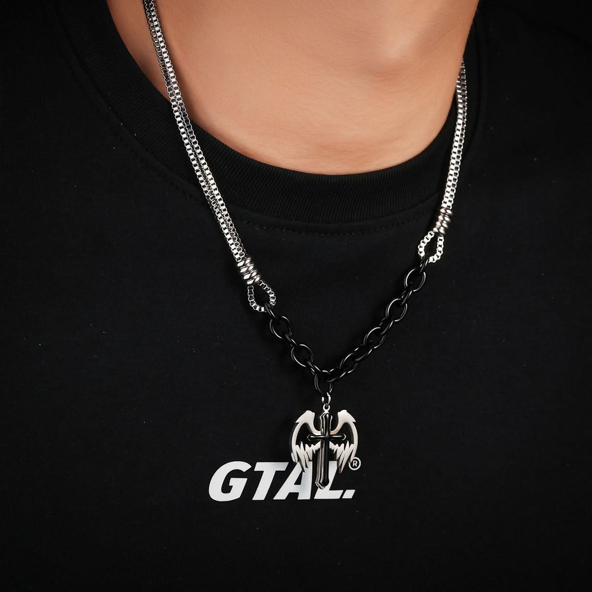 Men’s Feather Cross Double-Layer Necklace – Hip-Hop Style