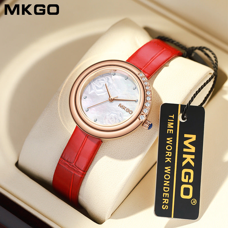 MKGO Luxury Women’s Pearl Dial Watch – High-End 3D Carved Quartz Fashion Timepiece