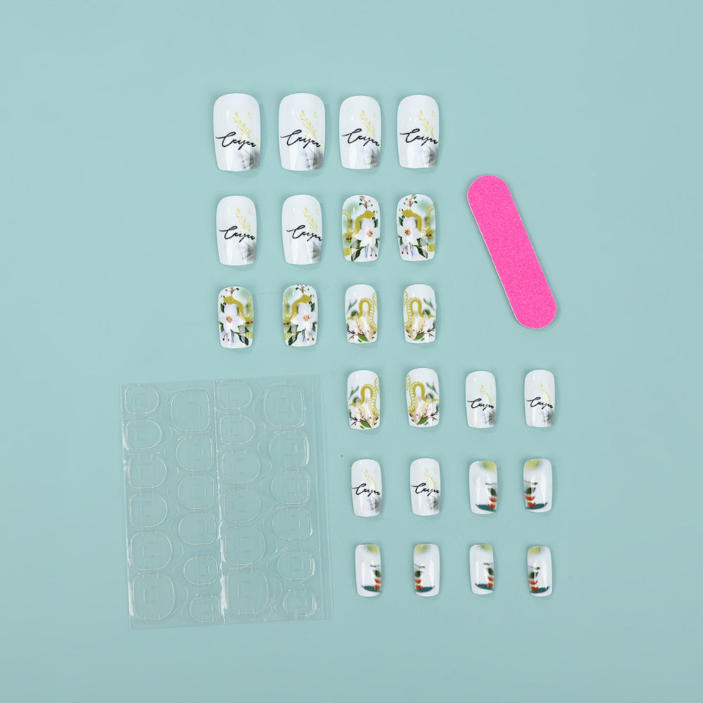 Luxury Square Press-On Nails – White & Gold with Floral Artistic Design Nails