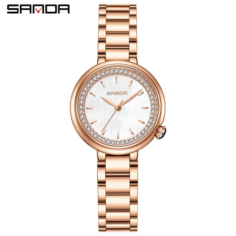 Sanda Women’s Stainless Steel Quartz Watch – Diamond Accent Small Dial Casual Watch