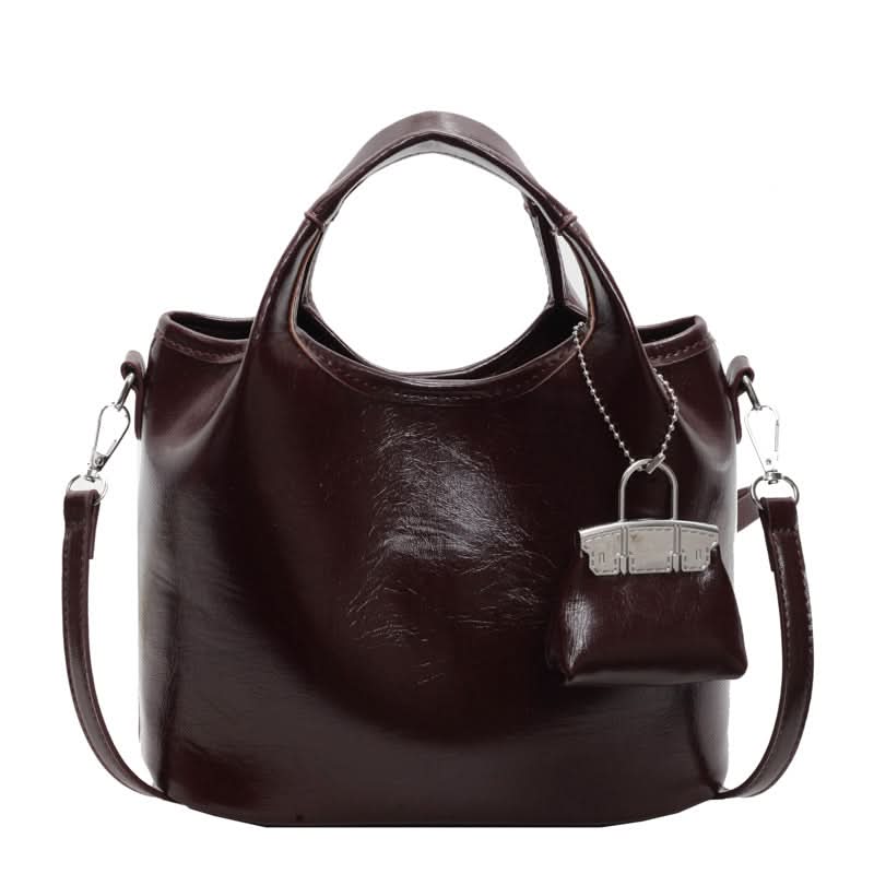 Women's Elegant Leather Bucket Bag – Shoulder Tote with Matching Keychain