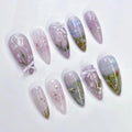 Whimsical Iridescent Almond Press-On Nails – 3D Bow & Pearl, Long Artistic Glue-On Set