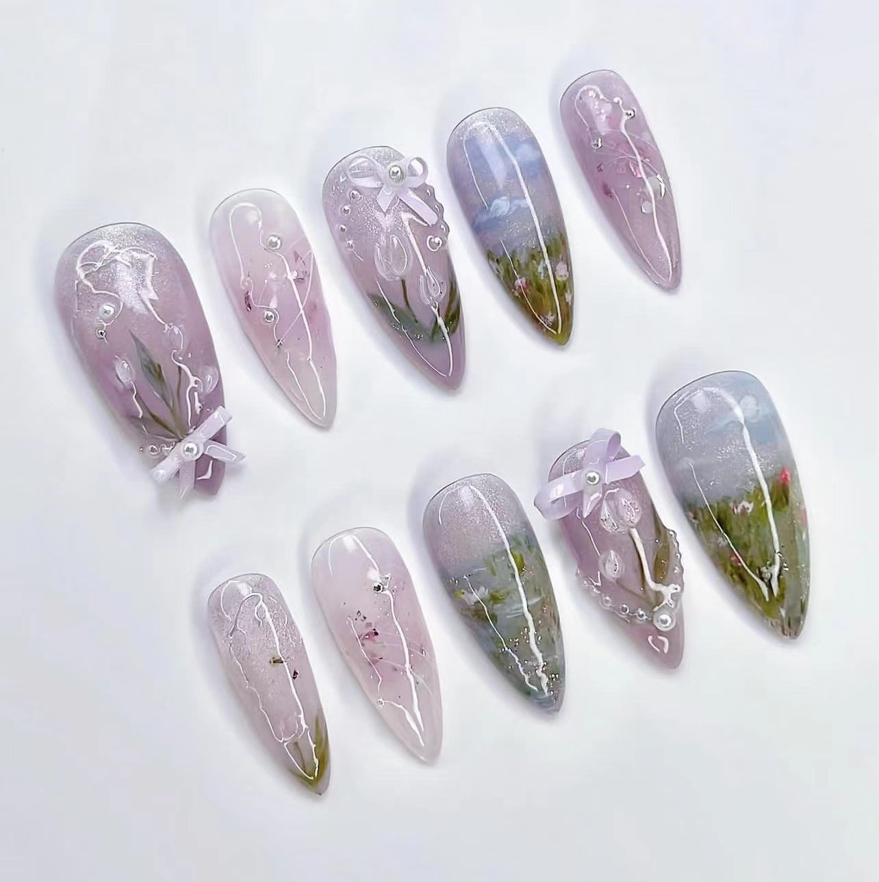 Whimsical Iridescent Almond Press-On Nails – 3D Bow & Pearl, Long Artistic Glue-On Set