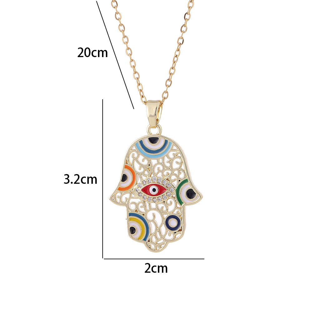 Evil Eye Palm Pendant Necklace – Unisex Hip Hop Gold-Plated Copper Chain