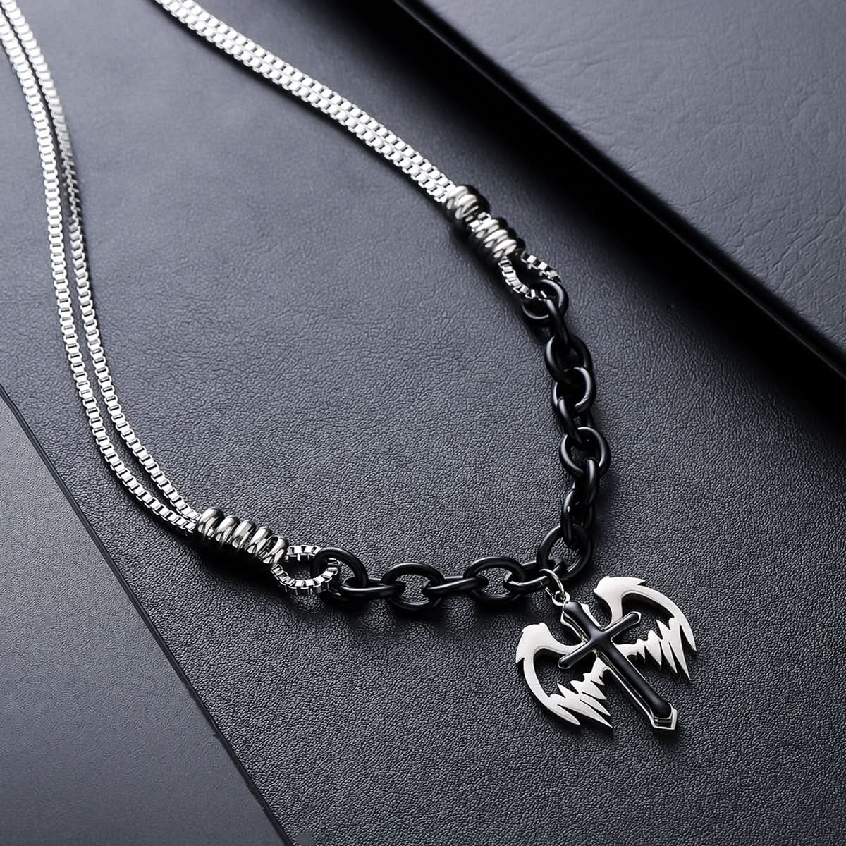 Men’s Feather Cross Double-Layer Necklace – Hip-Hop Style