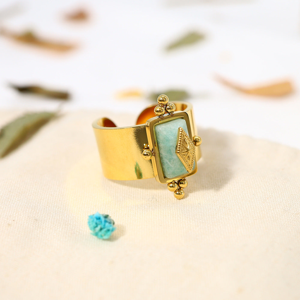 Gold Geometric Stone Ring for Women – Adjustable Retro Titanium Steel Jewelry