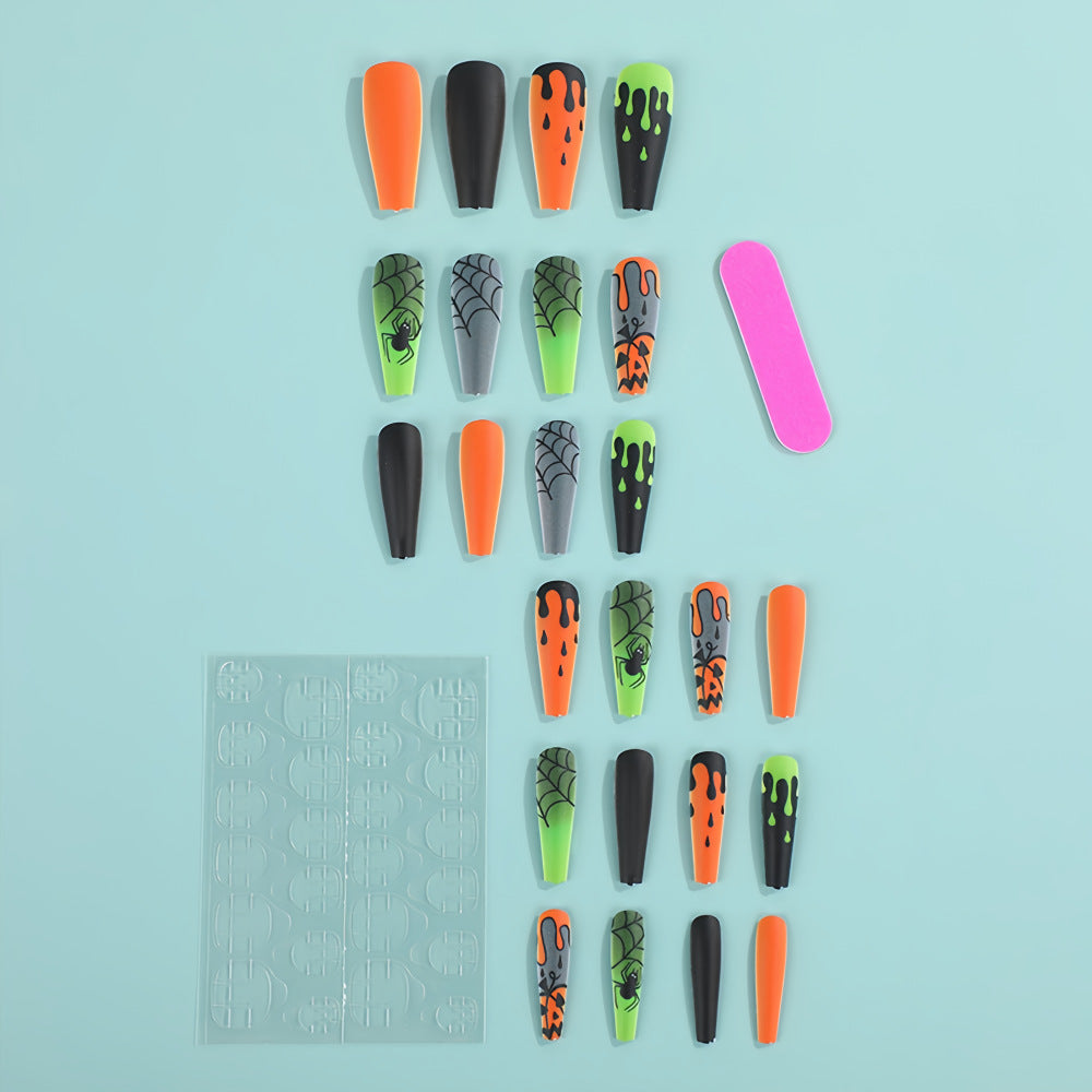 Halloween Spider Web Press-On Nails – Long Coffin Shape, Green & Orange Drip Design