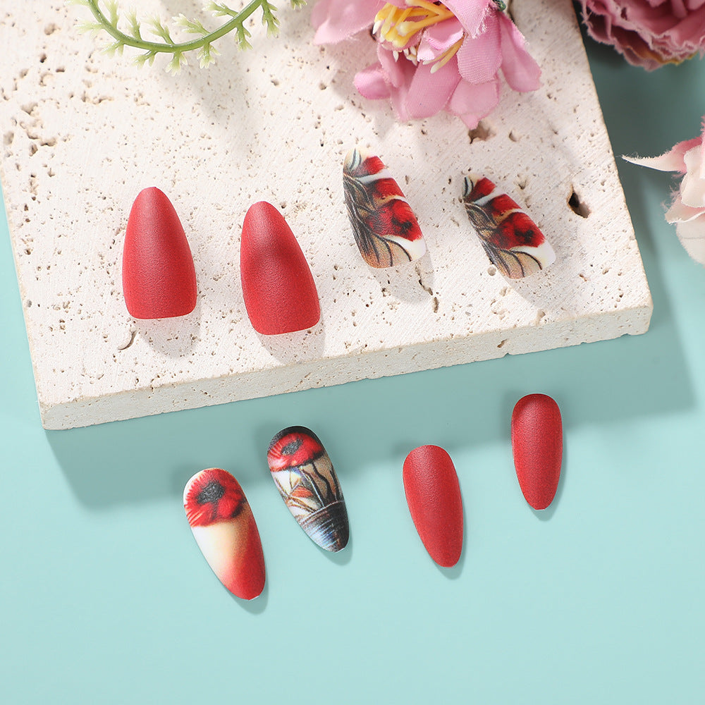 Elegant Matte Almond Press-On Nails – Long Red & Nude Acrylic with Floral Design