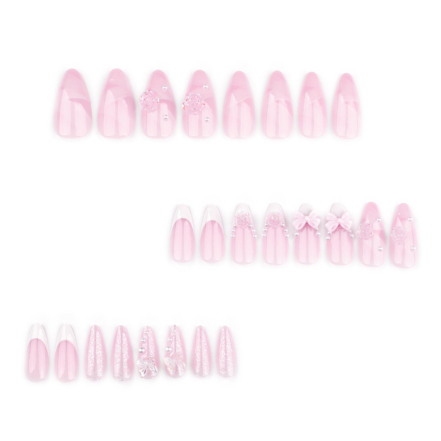 Romantic French Almond Press-On Nails with 3D Bows & Floral Art – Elegant Acrylic Set
