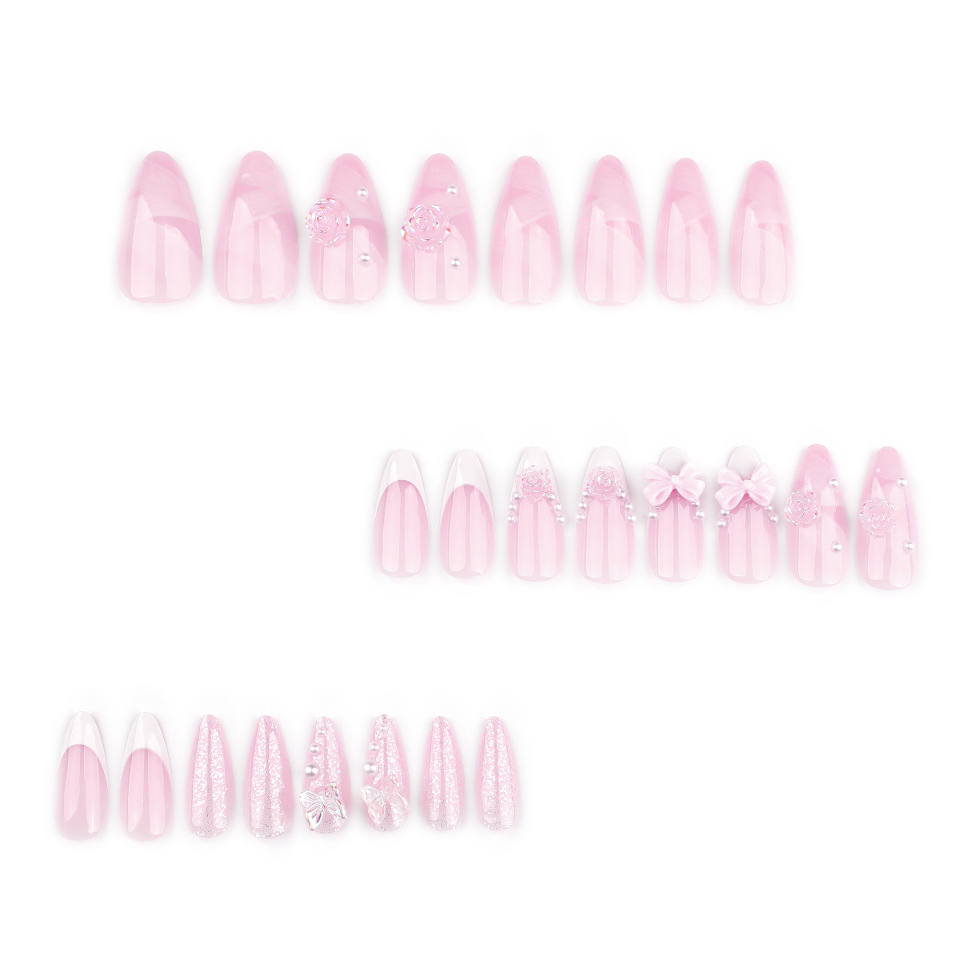 Romantic French Almond Press-On Nails with 3D Bows & Floral Art – Elegant Acrylic Set