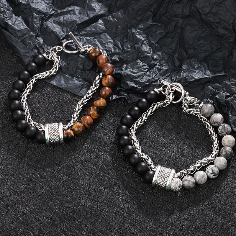 Men’s Obsidian Beaded Bracelet – Trendy Double-Layer Keel Design
