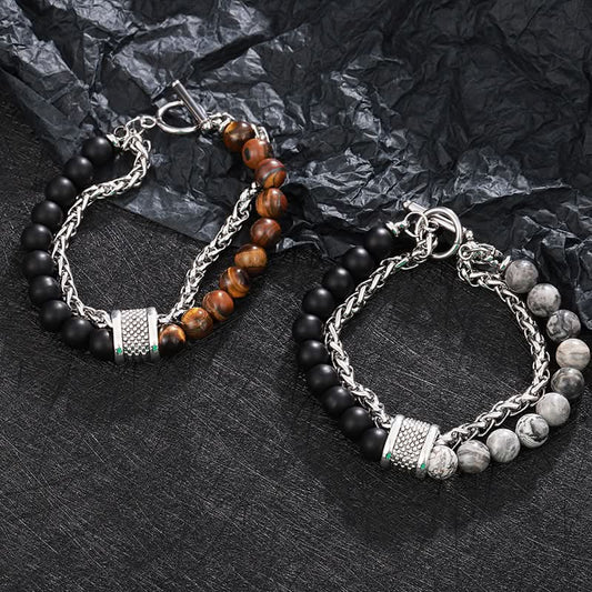 Men’s Obsidian Beaded Bracelet – Trendy Double-Layer Keel Design