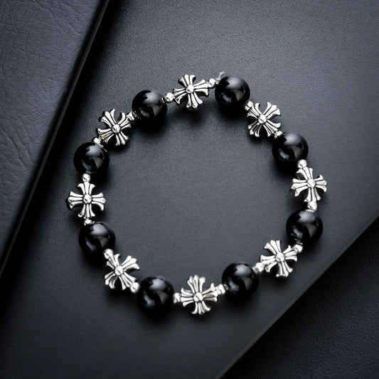 Unisex Retro Cross-Stitched Obsidian Beaded Bracelet –  Stone Wristband