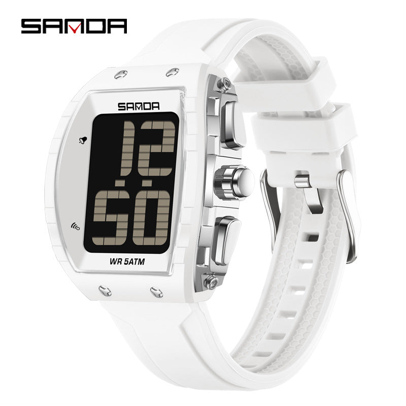 Sanda Digital Barrel Watch – Waterproof Multifunction Student Watch with Voice Time