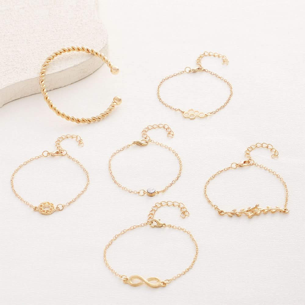 Women’s Rose Gold Bracelet Set – 6-Piece Infinity, Leaf & Diamond Charm Bangles