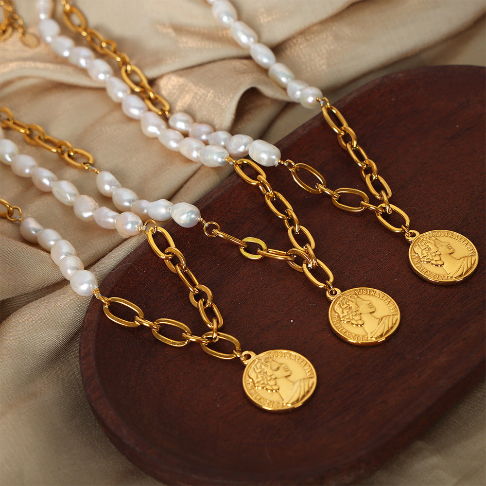 Gold Vintage Pearl Necklace with Freshwater Pearl Pendant – Titanium Steel Jewelry