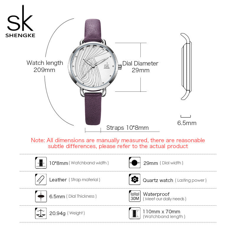 SK Women’s Quartz Watch – Simple Round Dial, Thin Leather Strap, Waterproof Wristwatch