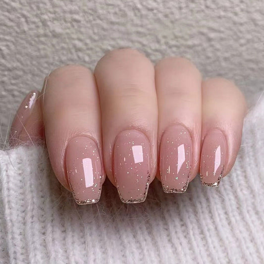 Nude Glitter Tip Press-On Nails – Short Square Minimalist Glue-On Set