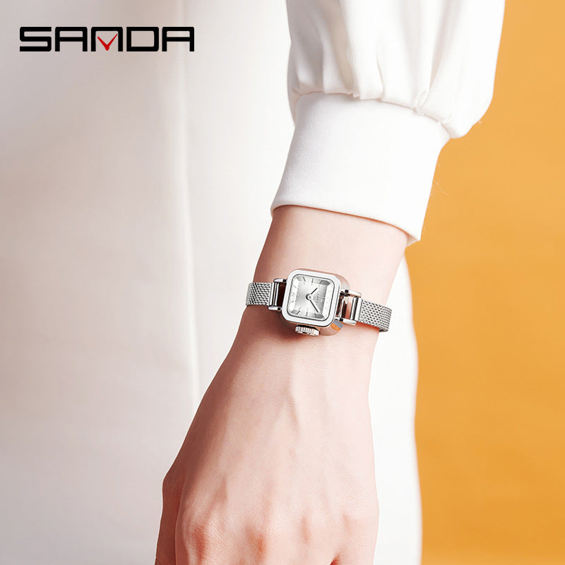 Sanda Women’s Square Quartz Watch – Mesh Stainless Steel Strap, Waterproof Casual Watch