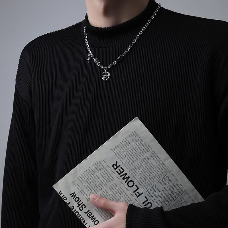 Men’s Hip-hop Style Titanium Steel Star & Moon Pendant Necklace