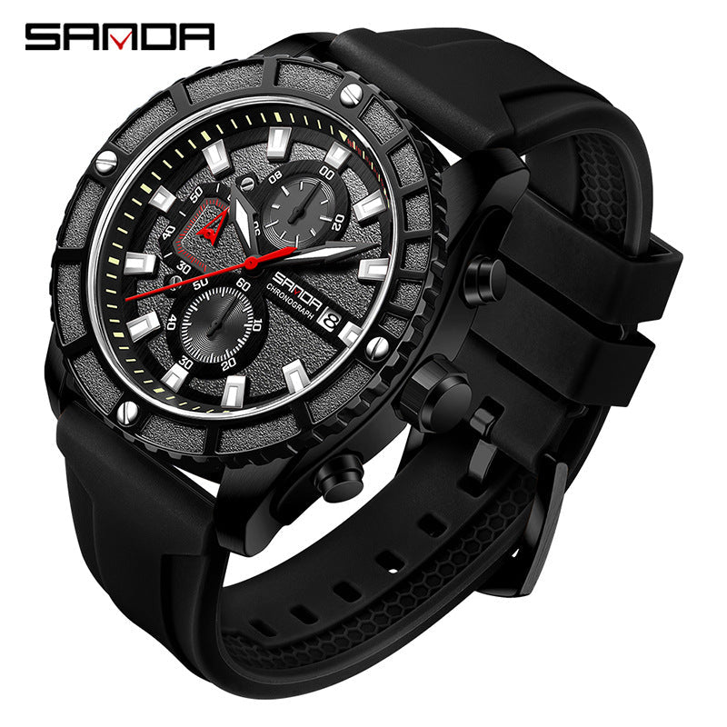 SANDA Luminous Men’s Quartz Watch – Waterproof Silicone Strap Chronograph with Calendar