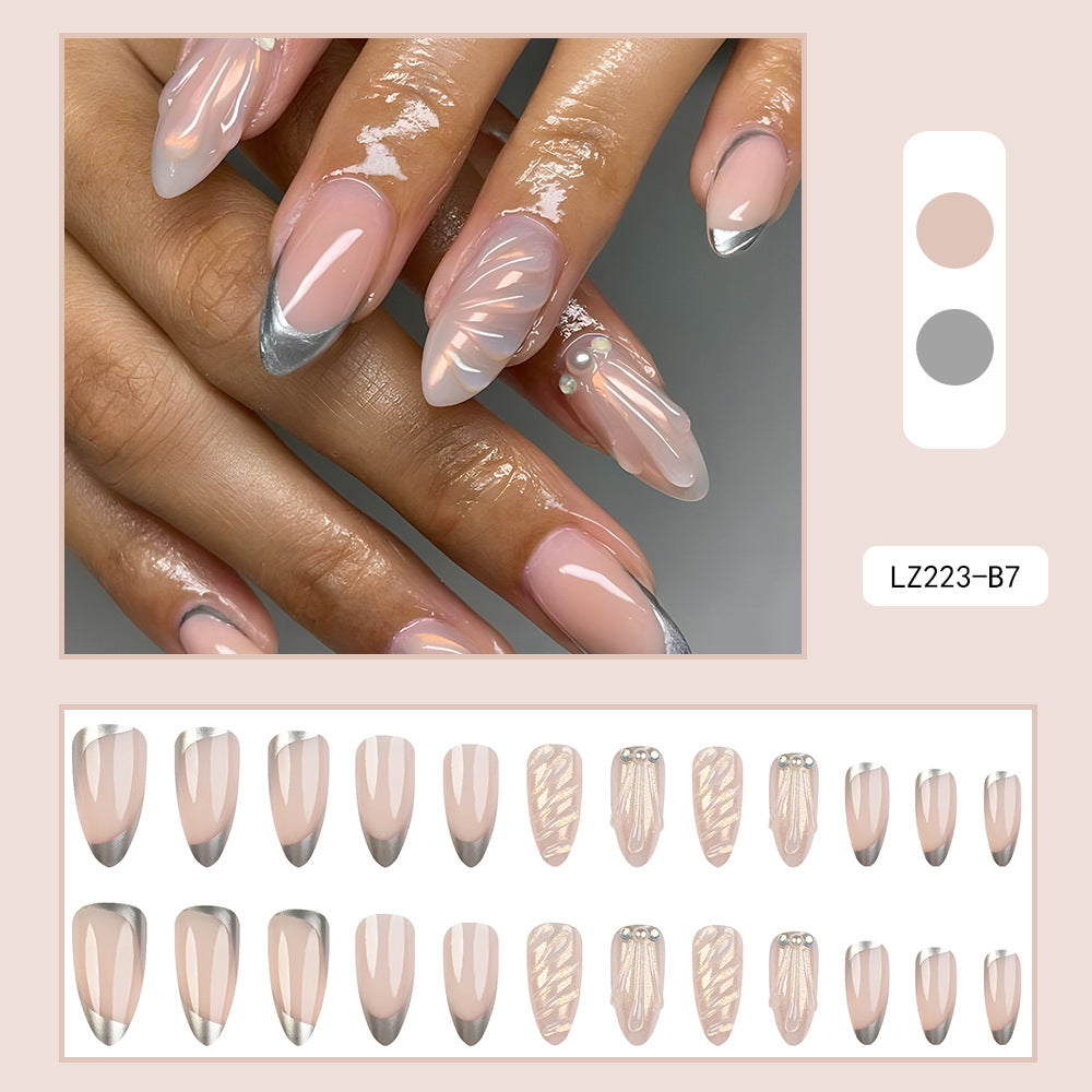 Silver-Edged French Stiletto Press-On Nails – Acrylic Tips with Pearl & Swirl Details