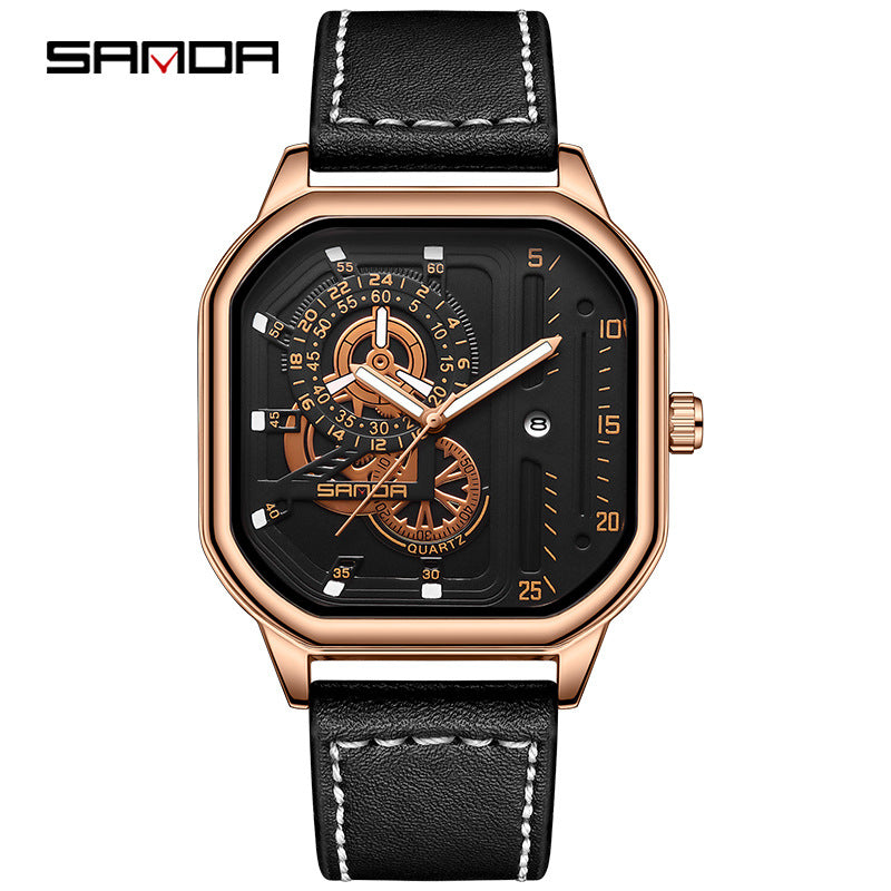 Sanda Men’s Leather Quartz Watch – Square Dial, Luminous Hands Casual Timepiece