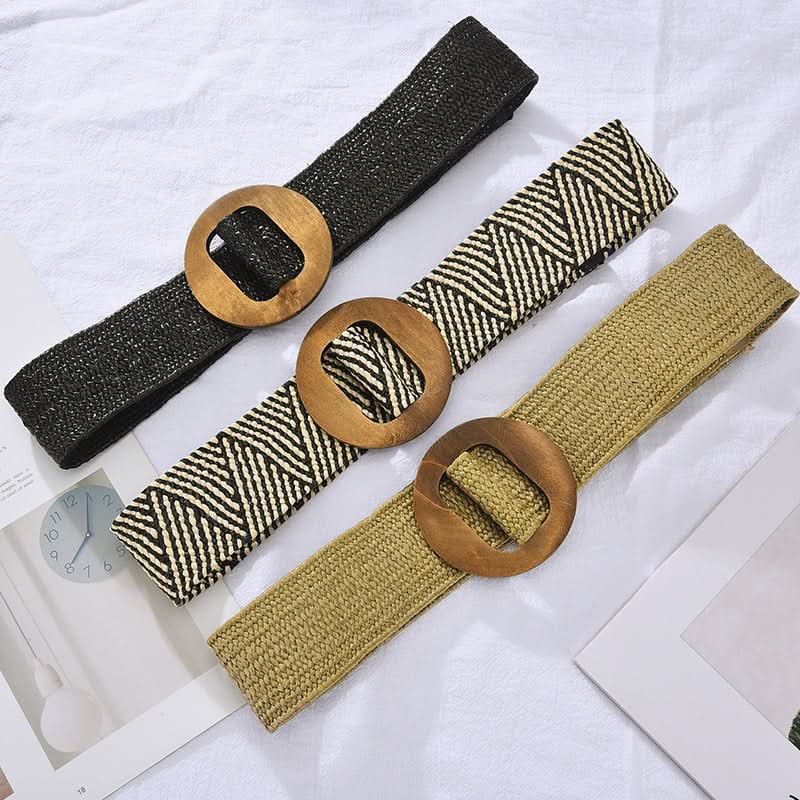 Women's Woven Elastic Belt – Stretch Waistband with Wooden Buckle
