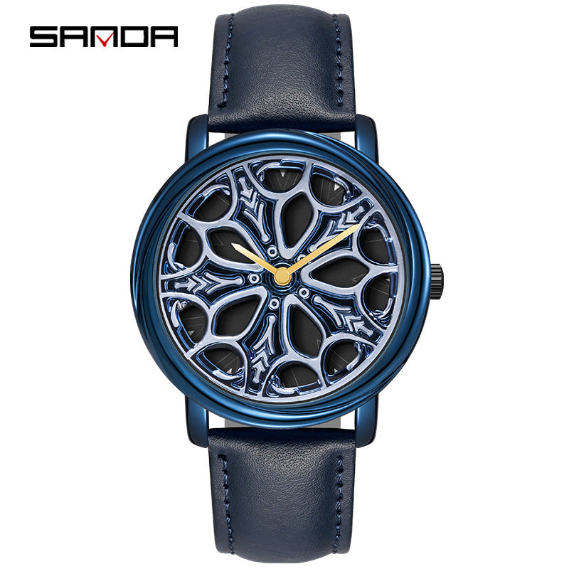 Sanda Men’s Leather Quartz Watch – Rotating Floral Dial, Casual Waterproof Timepiece