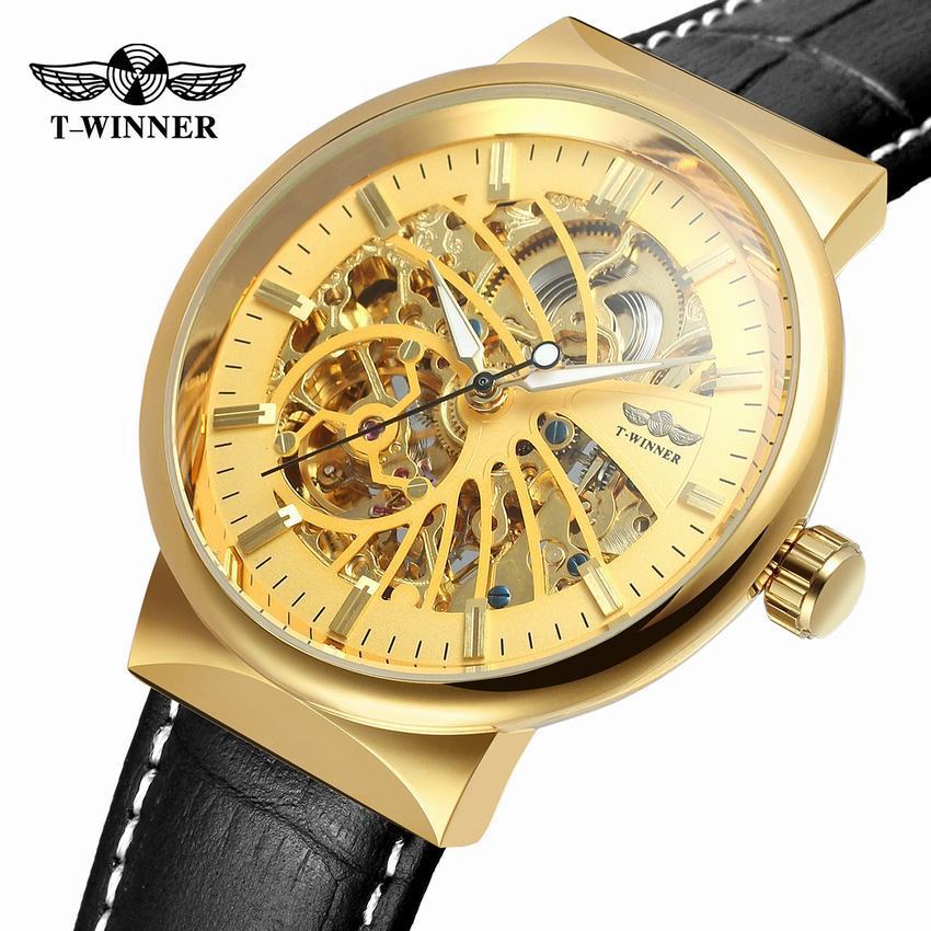 T-WINNER Automatic Mechanical Watch for Men – Waterproof Skeleton Dial Leather Strap