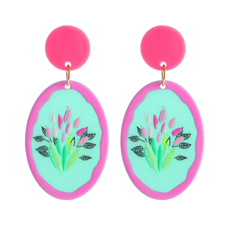 Retro Round Acrylic Plate Flower Earrings – Embossed Print