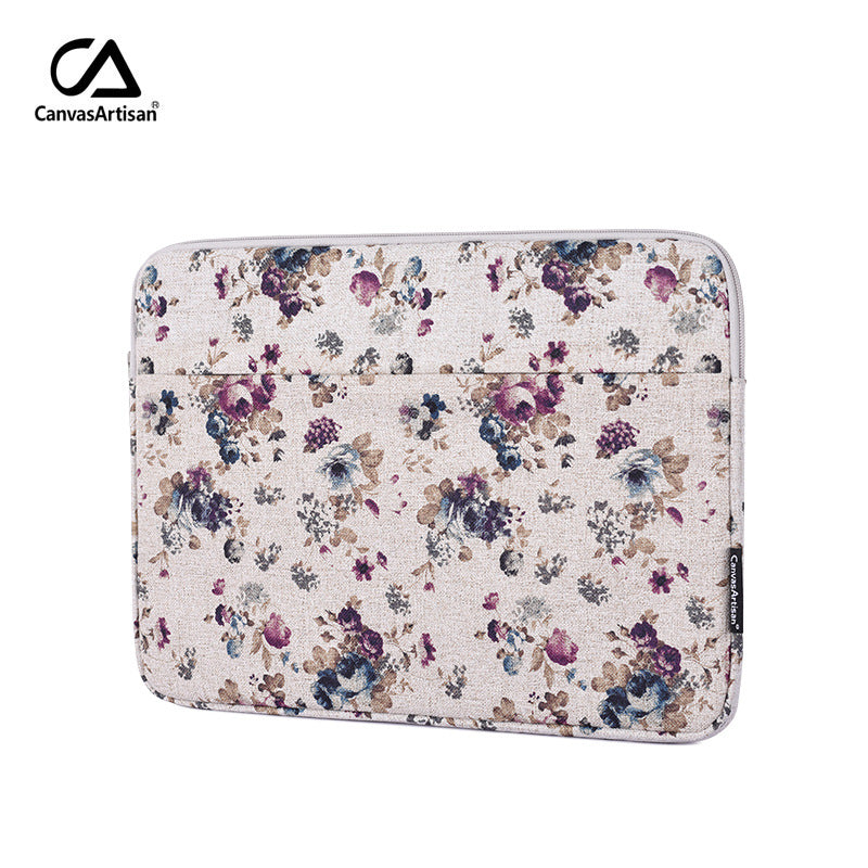 Beige Floral Linen Laptop Sleeve – Waterproof, Shock-Resistant Protective Case