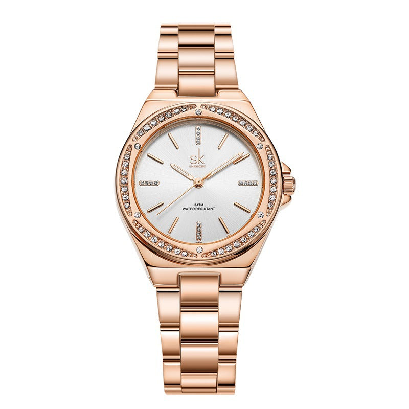 SK Women’s Diamond Quartz Watch – Stainless Steel Strap, Round Dial, 30M Waterproof