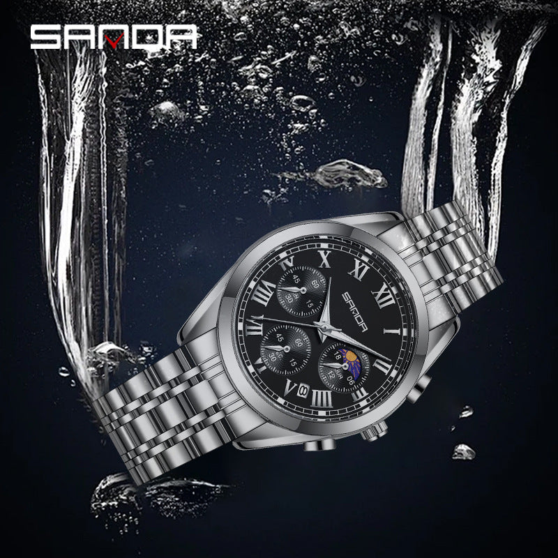 SANDA Men’s Six-Pin Quartz Watch – Stainless Steel Business Wristwatch with Calendar