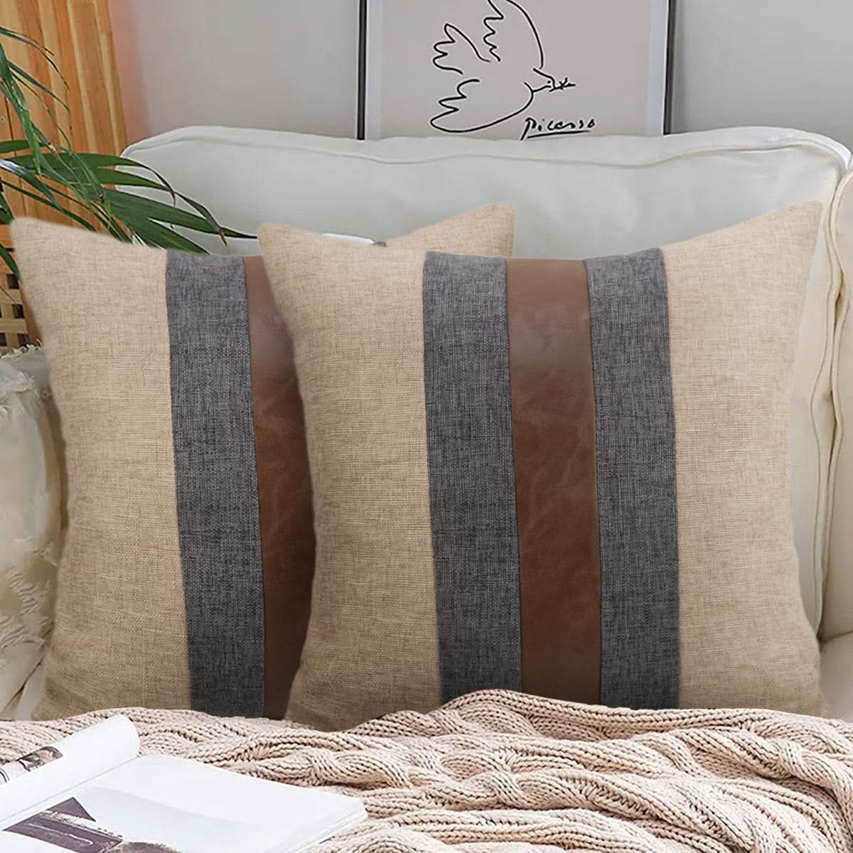 Pure Color Linen & PU Stitching Pillow Cover - Modern Simple Style