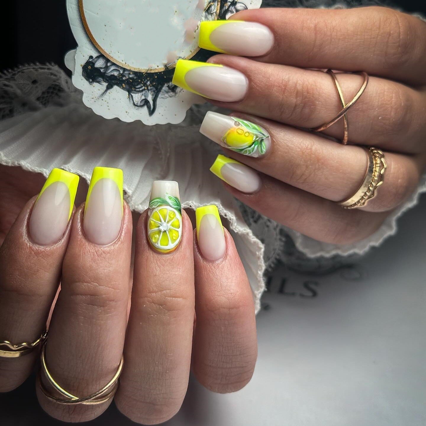 Fresh Lemon French Tip Press-On Nails – Square Acrylic Set with 3D Fruit Design
