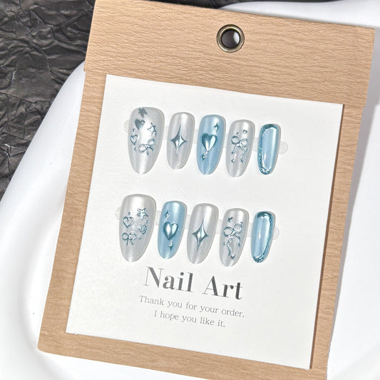 Glam Star Metallic Almond Press-On Nails – Blue & Silver Acrylic Nails