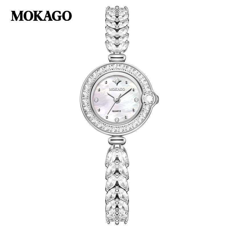 MOKAGO Women’s Quartz Watch – Round Dial, Full Diamond Fishtail Bracelet Watch