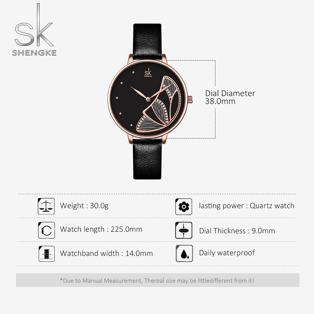 SK Women’s Quartz Watch – Butterfly Dial with Diamond Accents, Leather Strap