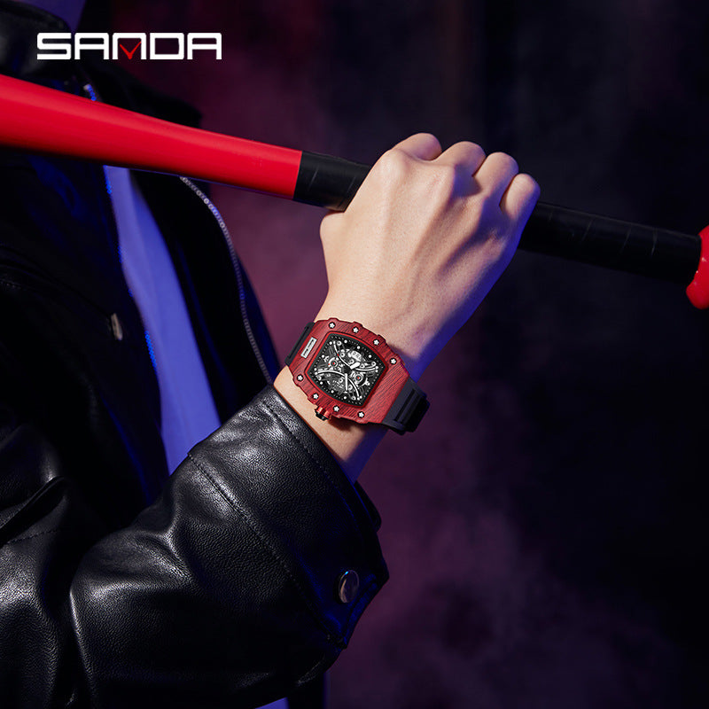 SANDA Men’s Quartz Watch – Luminous Calendar, Hollow Tonneau Dial, Casual Waterproof