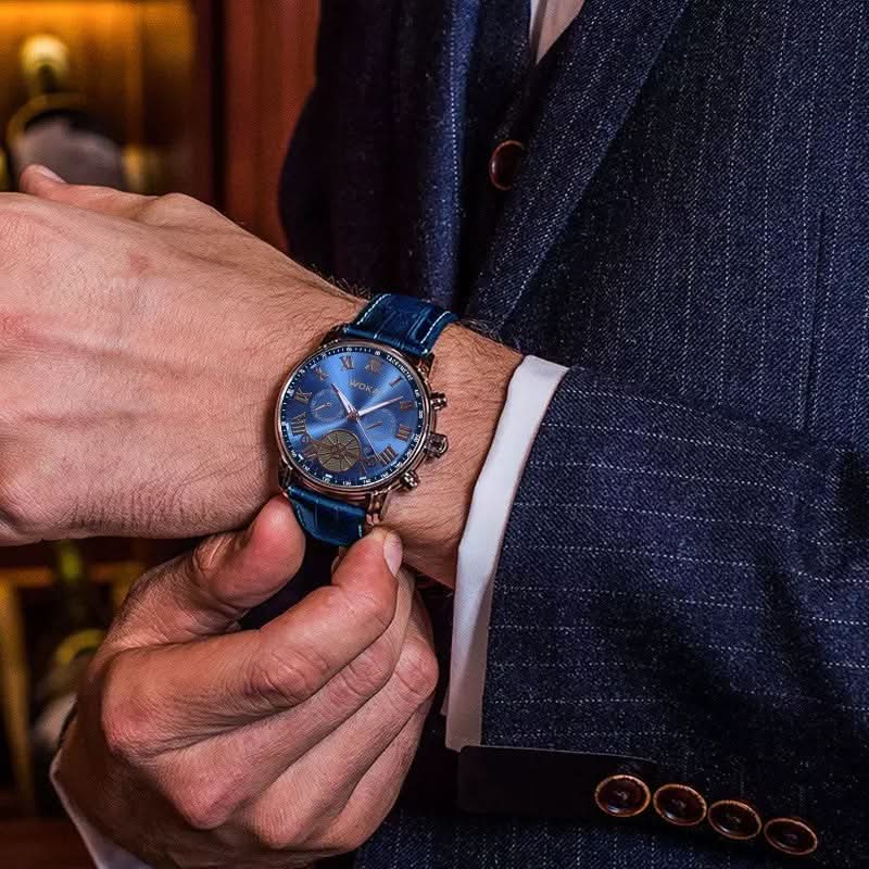 Men's Quartz Sports Watch with Blue Leather Strap