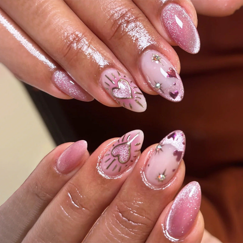 Romantic Pink Press-On Nails – Almond Shape with Glitter Hearts & Cat Eye Shine